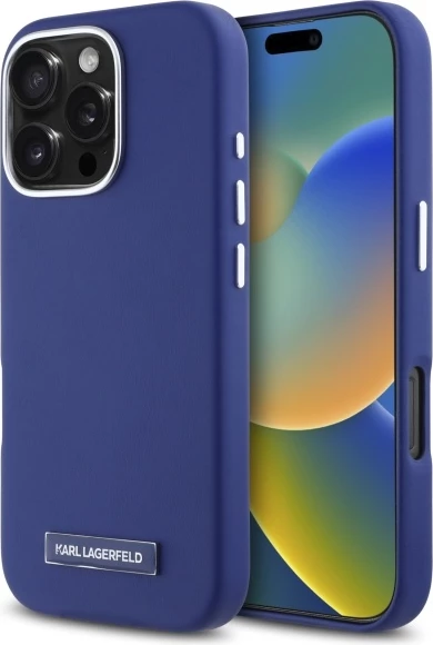 Mbështjellës Karl Lagerfeld FW Metal Plate MagSafe për iPhone 16 Pro Max, Blu