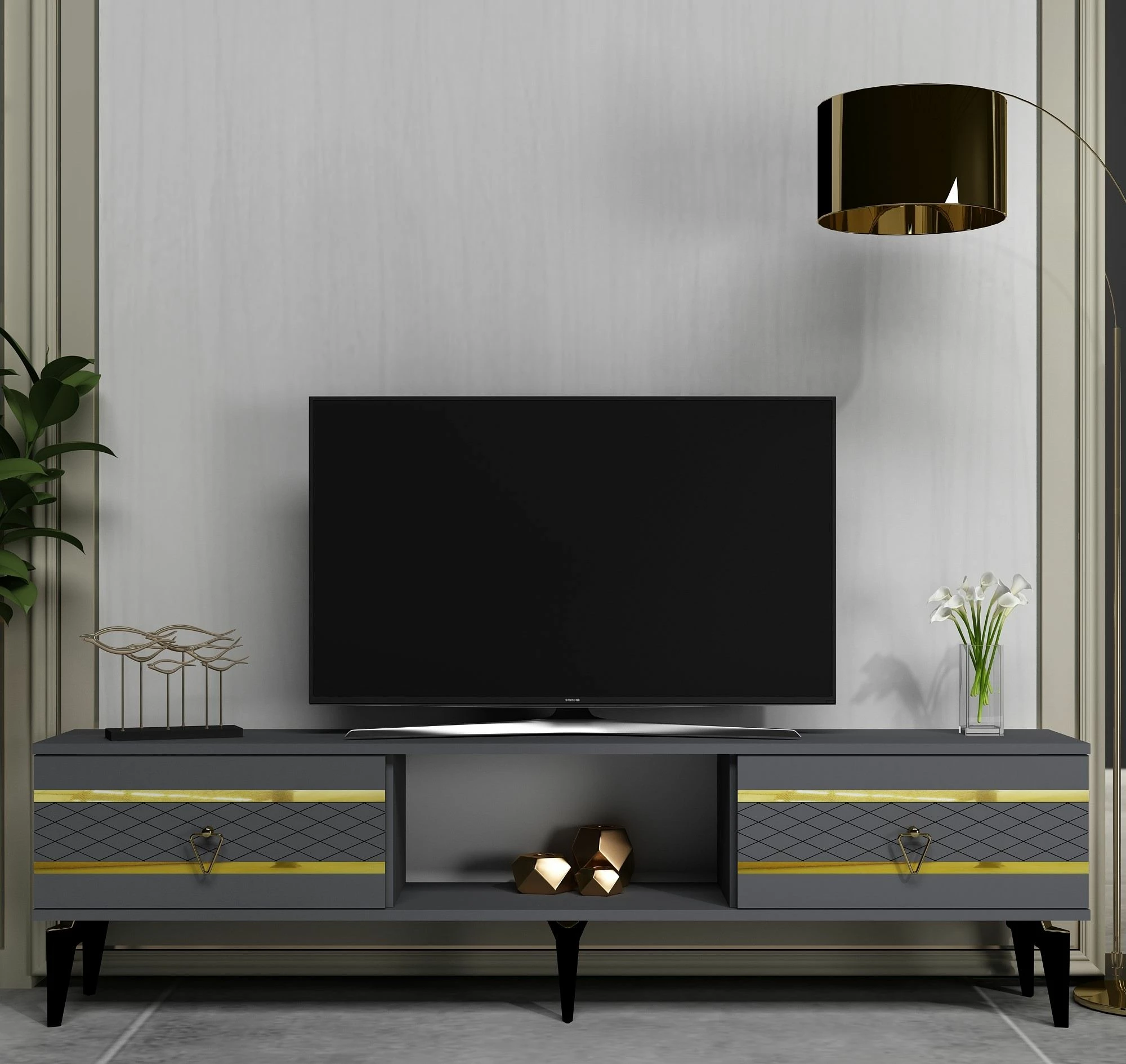 Komodë TV Skye Decor, ngjyrë antracit, ari