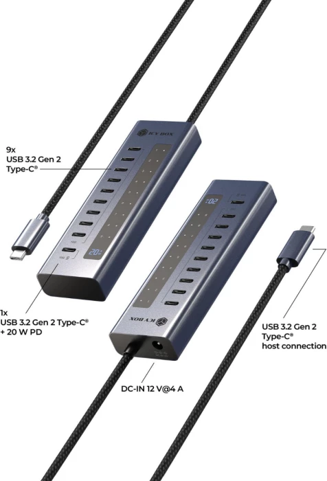 Hub USB-C ICYBOX IB-HUB1450-C31 10-port USB 3.2 Gen 2, PD 20W, ekran LED, kabllo e thurur, blu e errët