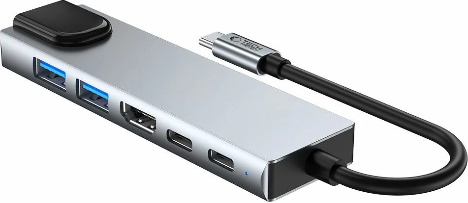 Adapter HUB Tech-Protect HB02 6in1, USB-C, USB 2.0, USB 3.0, HDMI 4K, RJ45, PD 100W, Gri