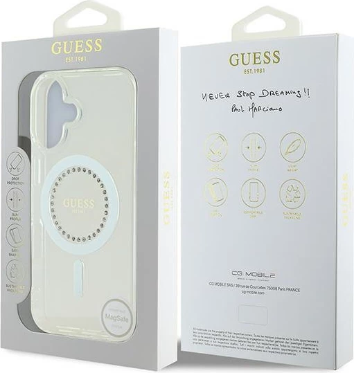 Mbështjellës Guess IML Rhinestones MagSafe për iPhone 16 Plus 6.7", hardcase TPU/PC, i bardhë, në kuti