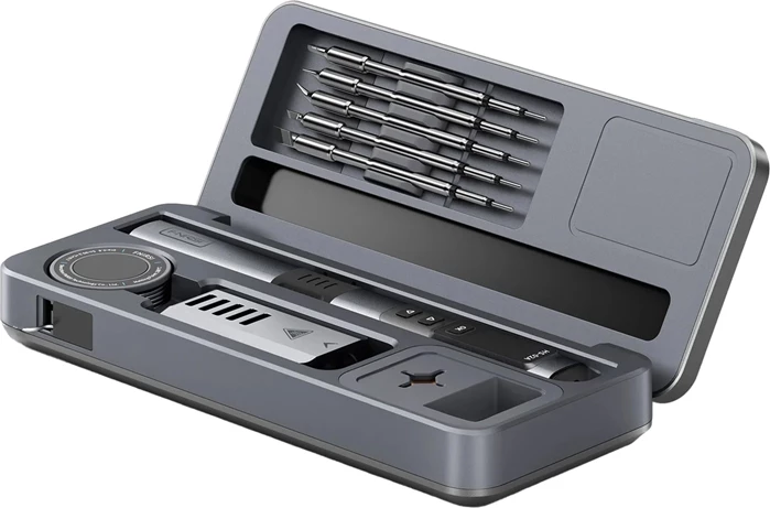 Hekur saldimi smart FNIRSI HS-02A MAX 100W, 100–450°C, USB-C PD/QC, set me vegla, zi/gri