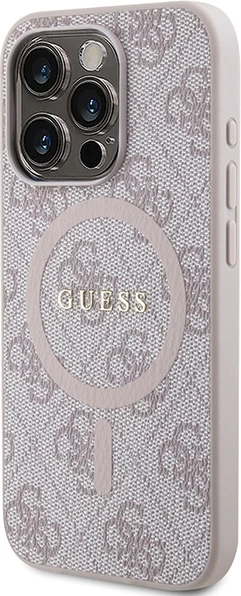 Mbështjellës Guess 4G Collection Leather Metal Logo MagSafe për iPhone 14 Pro Max, Rozë