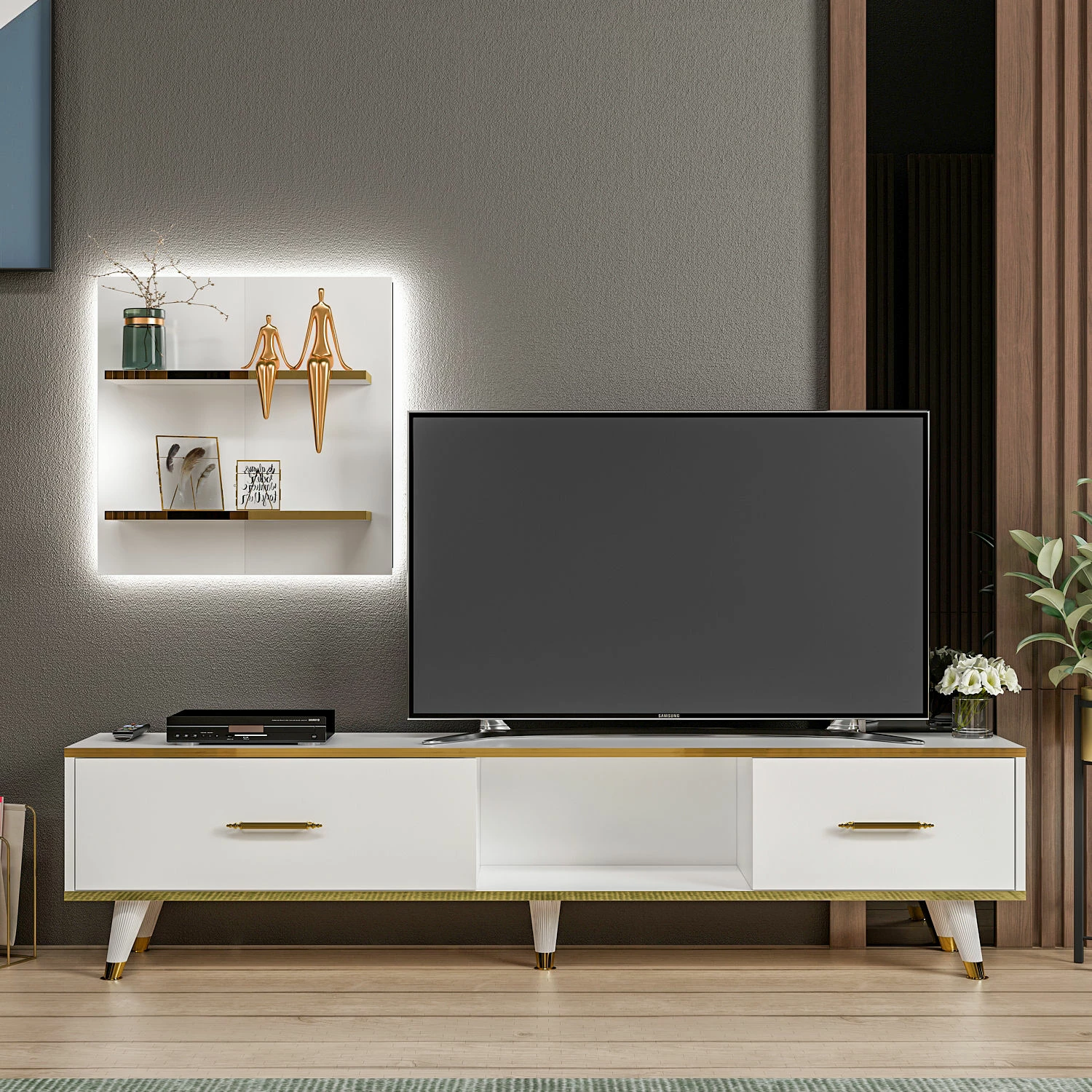Komodë TV Hanah Home, Aren, e bardhë dhe ari, moderne