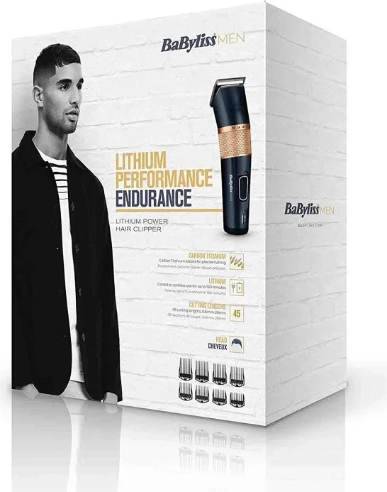 Trimmer flokësh dhe mjekre, BaByliss E986E, bateri litium, përdorim me kabllo/pa kabllo, 160 min autonomi, 8 krehësa udhëzues