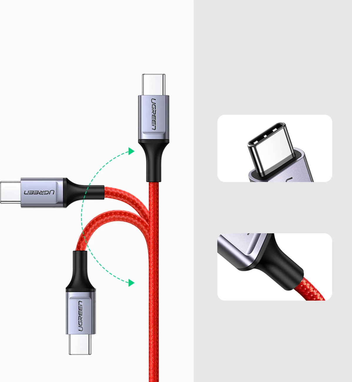 Kabllo USB-C në USB-C Ugreen US294, 1m, 3A, 480Mb/s, Kuqe