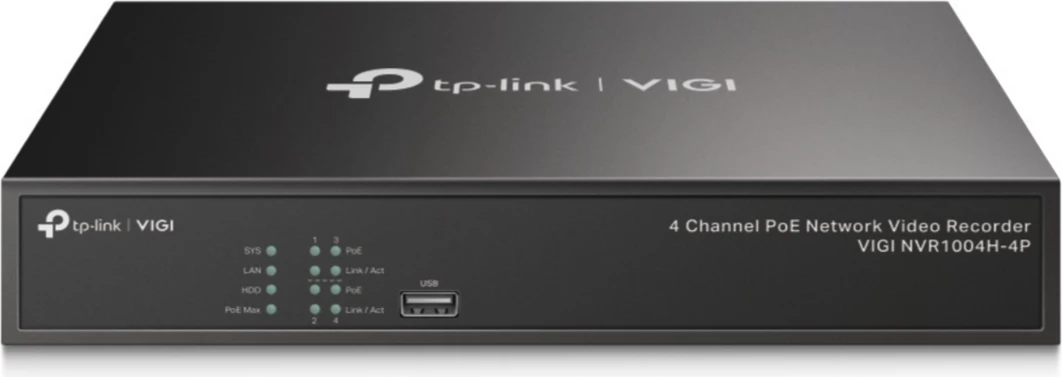 Regjistrues video rrjeti (NVR) PoE+ 4-kanalësh TP-LINK VIGI NVR1004H-4P, 4K HDMI, 4x PoE+ 53 W, i zi