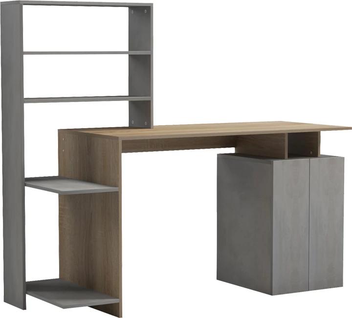 Tavolinë zyre me raft librash dhe dollap Meza, ngjyrë sonoma-gri çimento, 146.3x55x128.8cm
