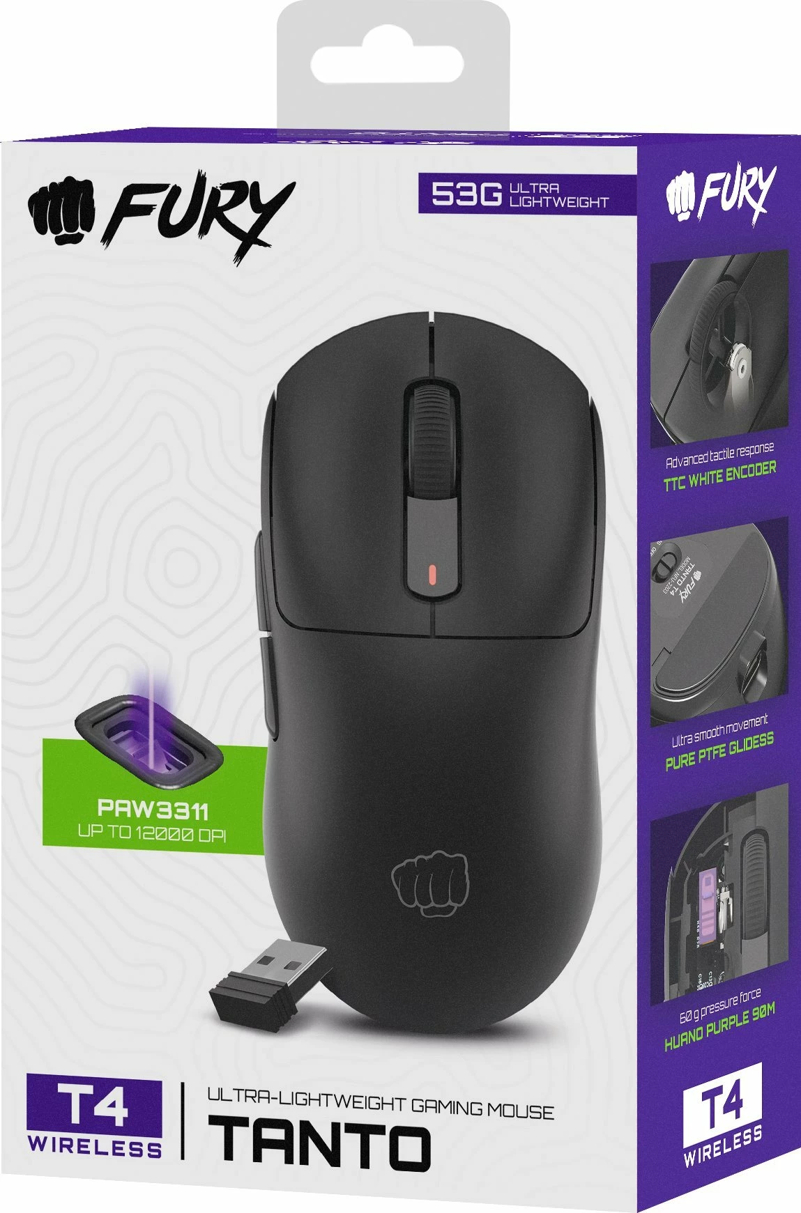 Maus gaming wireless Fury Tanto T4 (NFU-2203), 12000 DPI, 7 butona, Bluetooth/2.4GHz/USB, e zezë