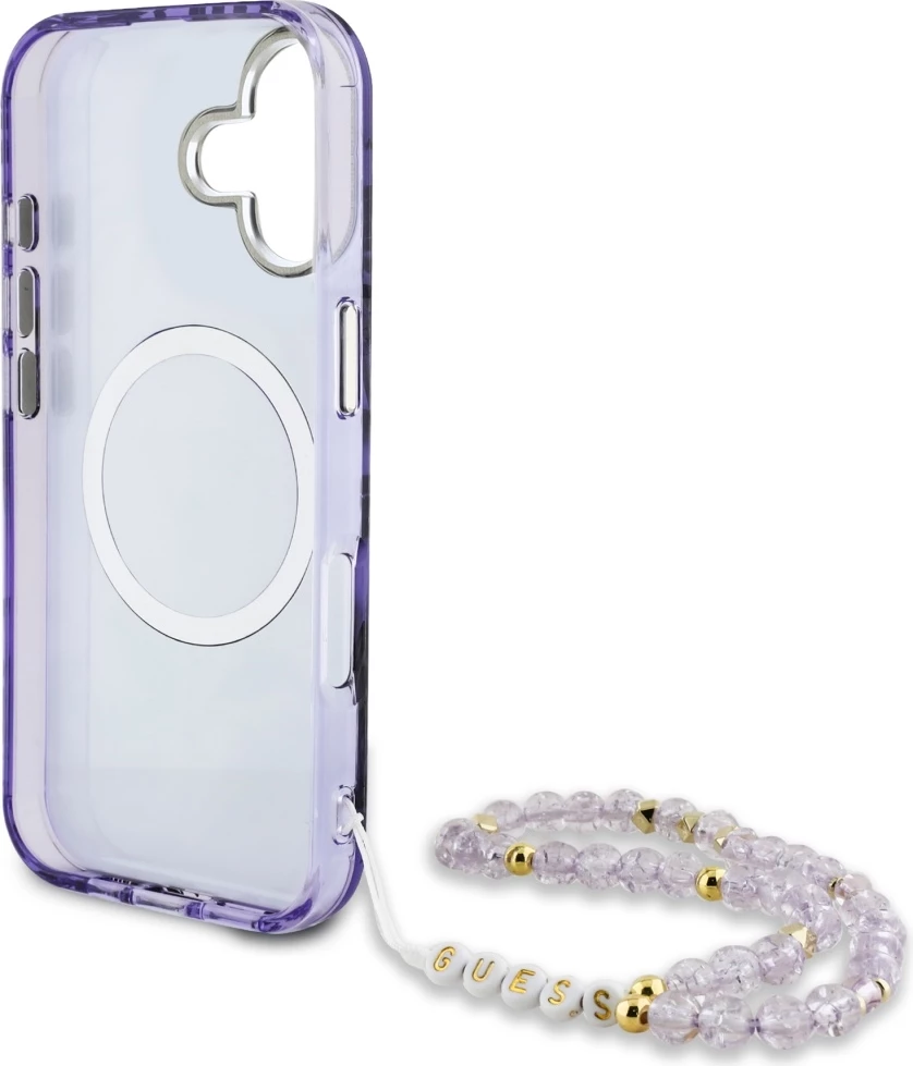 Mbështjellës Guess Palm Trees Triangle Pearl Strap MagSafe për iPhone 16, Vjollcë