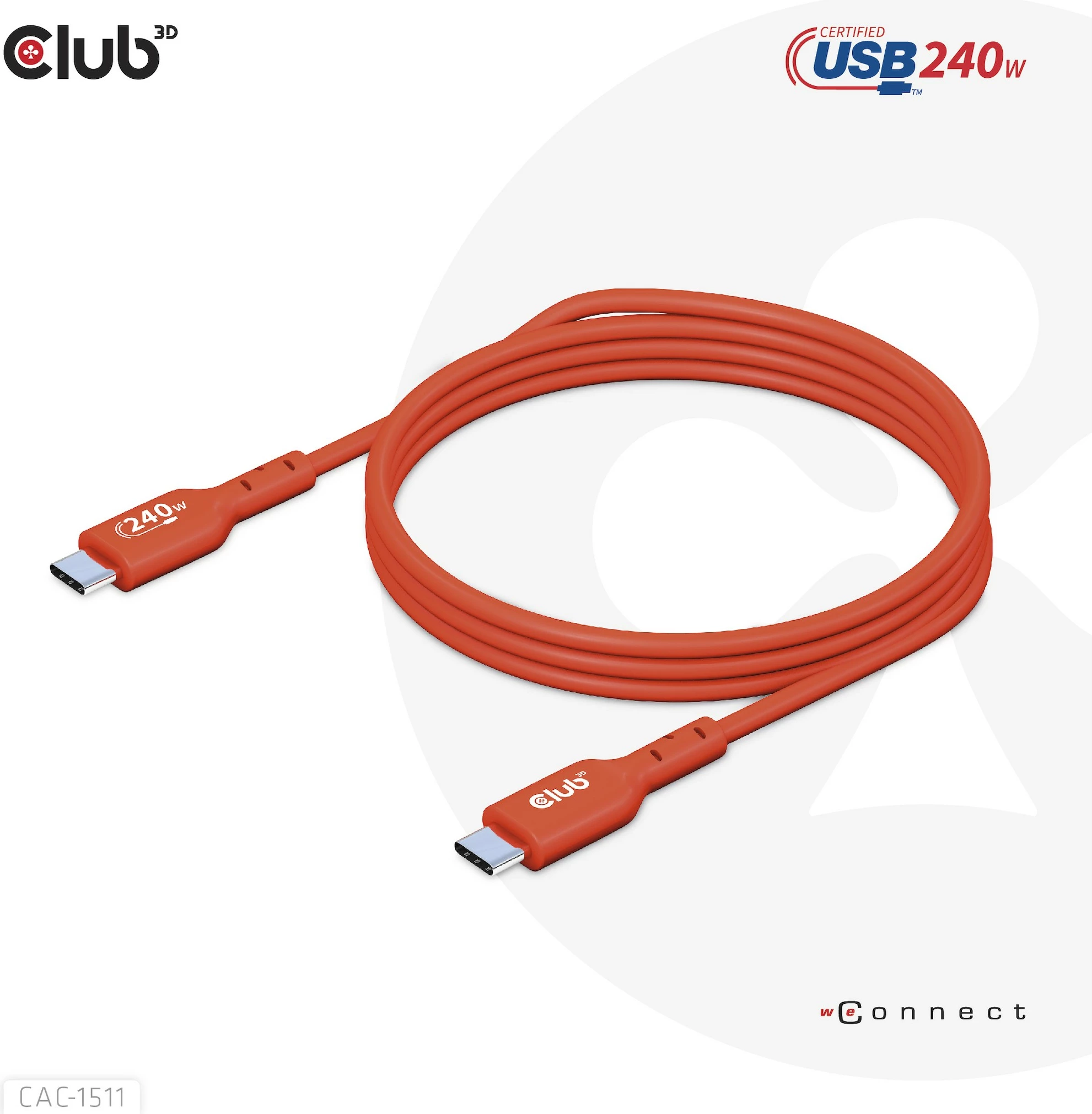 Kabllo USB Type-C Club3D 1m, PD 240W, 480Mb/s, e kuqe