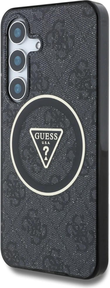 Mbështjellës Guess 4G Glitter Triangle Buttons MagSafe për Samsung Galaxy S25, i zi
