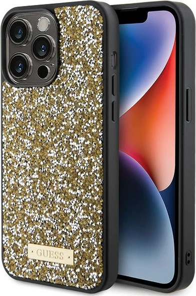 Mbështjellës Guess Rhinestone Metal Logo për iPhone 15 Pro Max, Verdhë