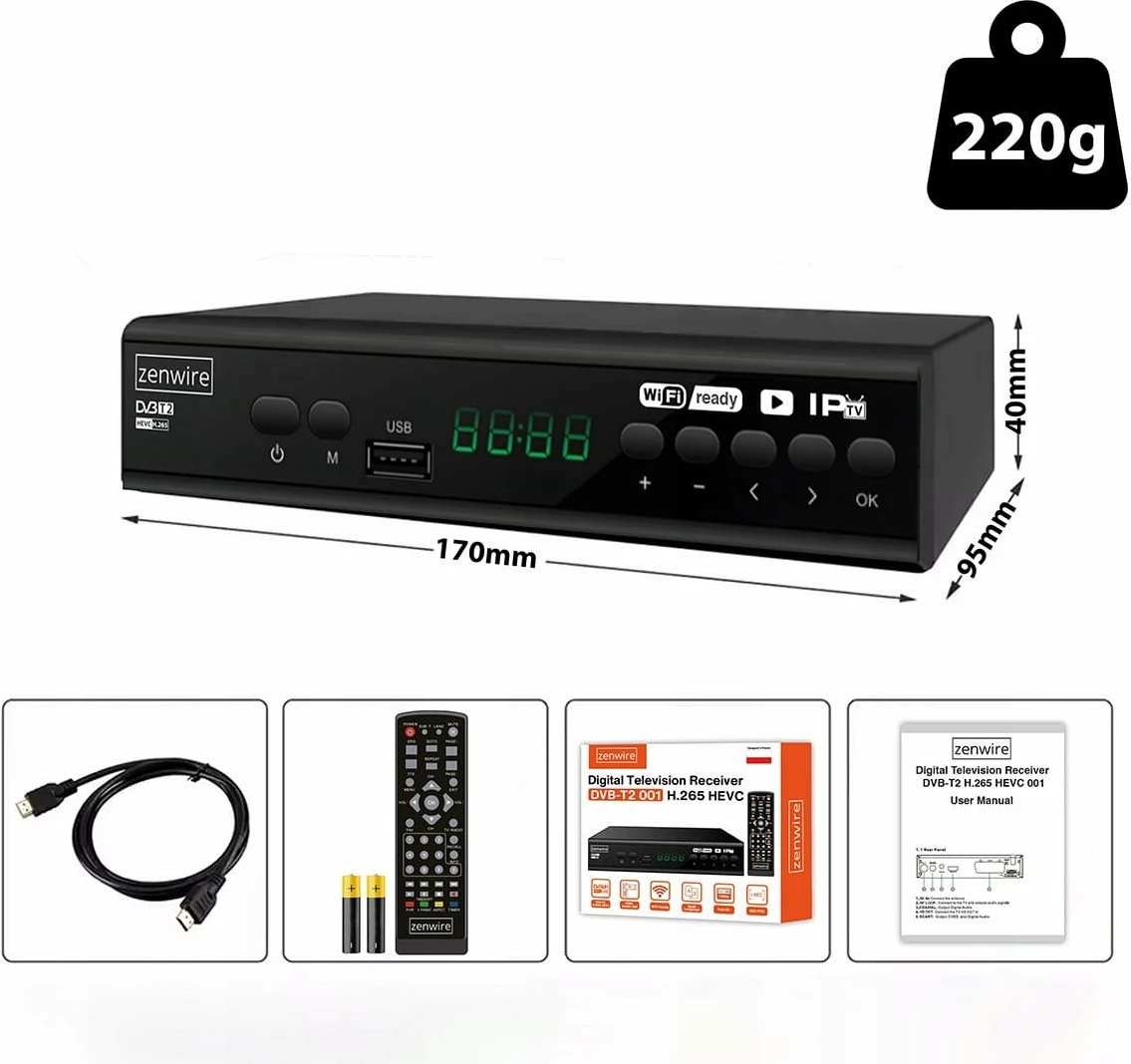 Dekoder DVB-T2 Zenwire 001 H.265/HEVC Full HD, i zi, set me telekomandë
