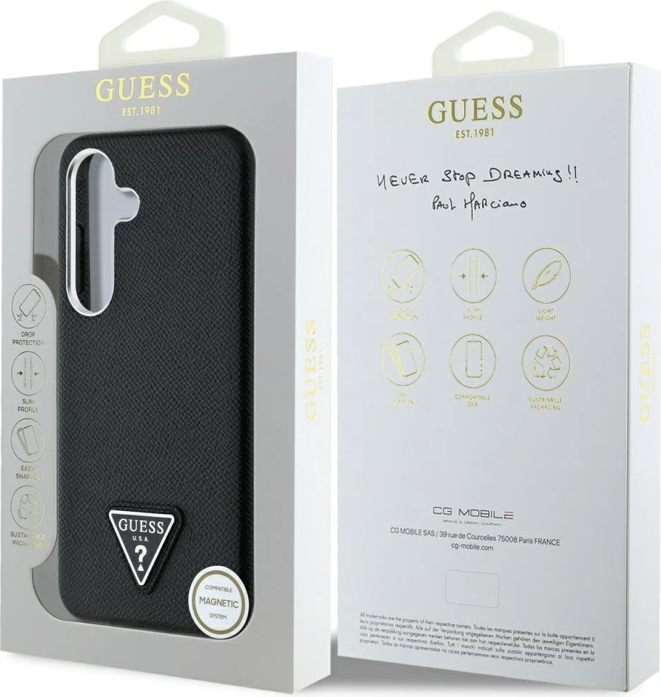 Mbështjellës Guess Grained Triangle Logo MagSafe për Samsung Galaxy S25, i zi