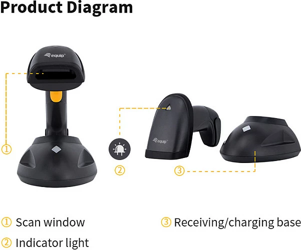 Skaner barkodesh EQUIP 2D wireless USB, me bazë karikimi, i zi