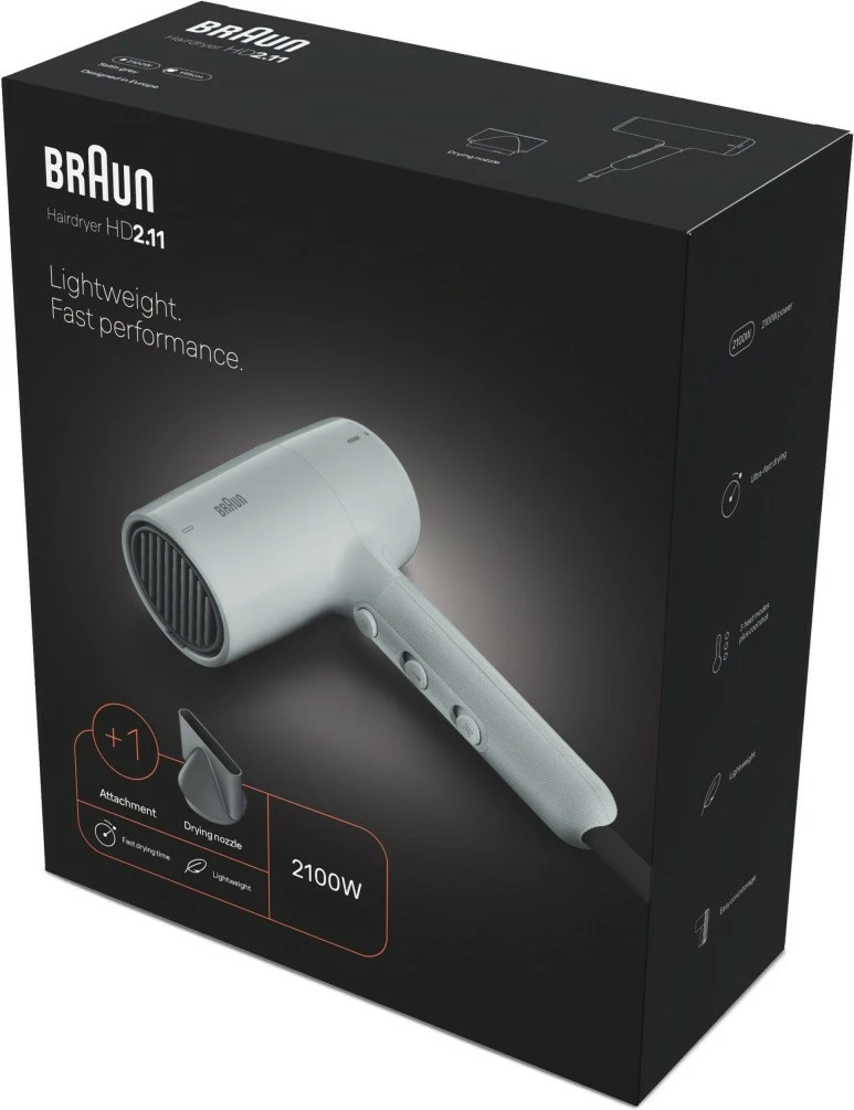 Tharëse flokësh, Braun, HD211E, 2100W, 3 nivele nxehtësie, kabllo 1.95 m, me koncentrator, e bardhë