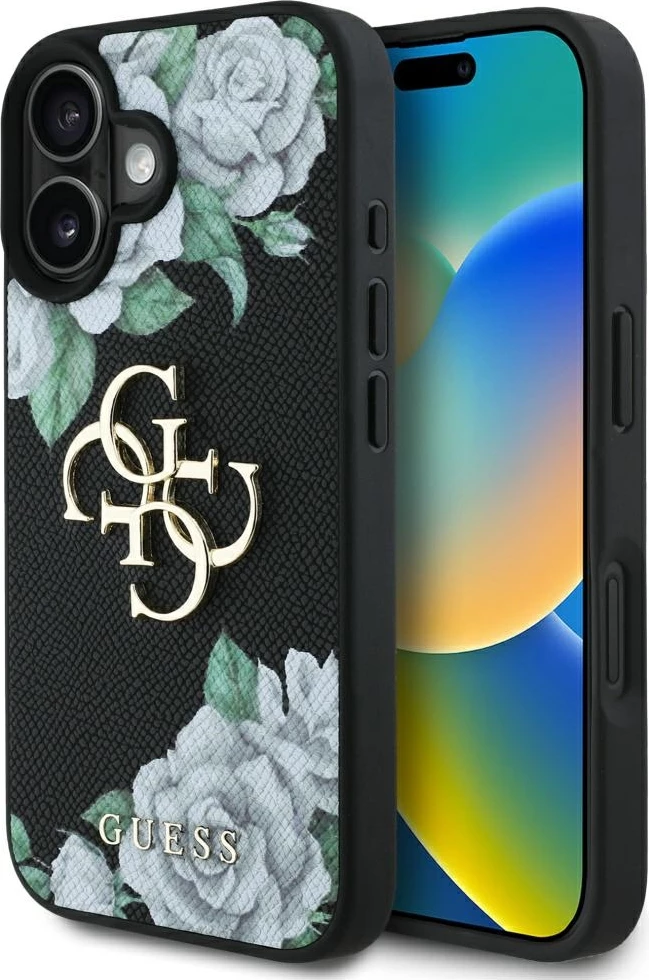 Mbështjellës Guess Grained Roses Big 4G logo për iPhone 16, i zi