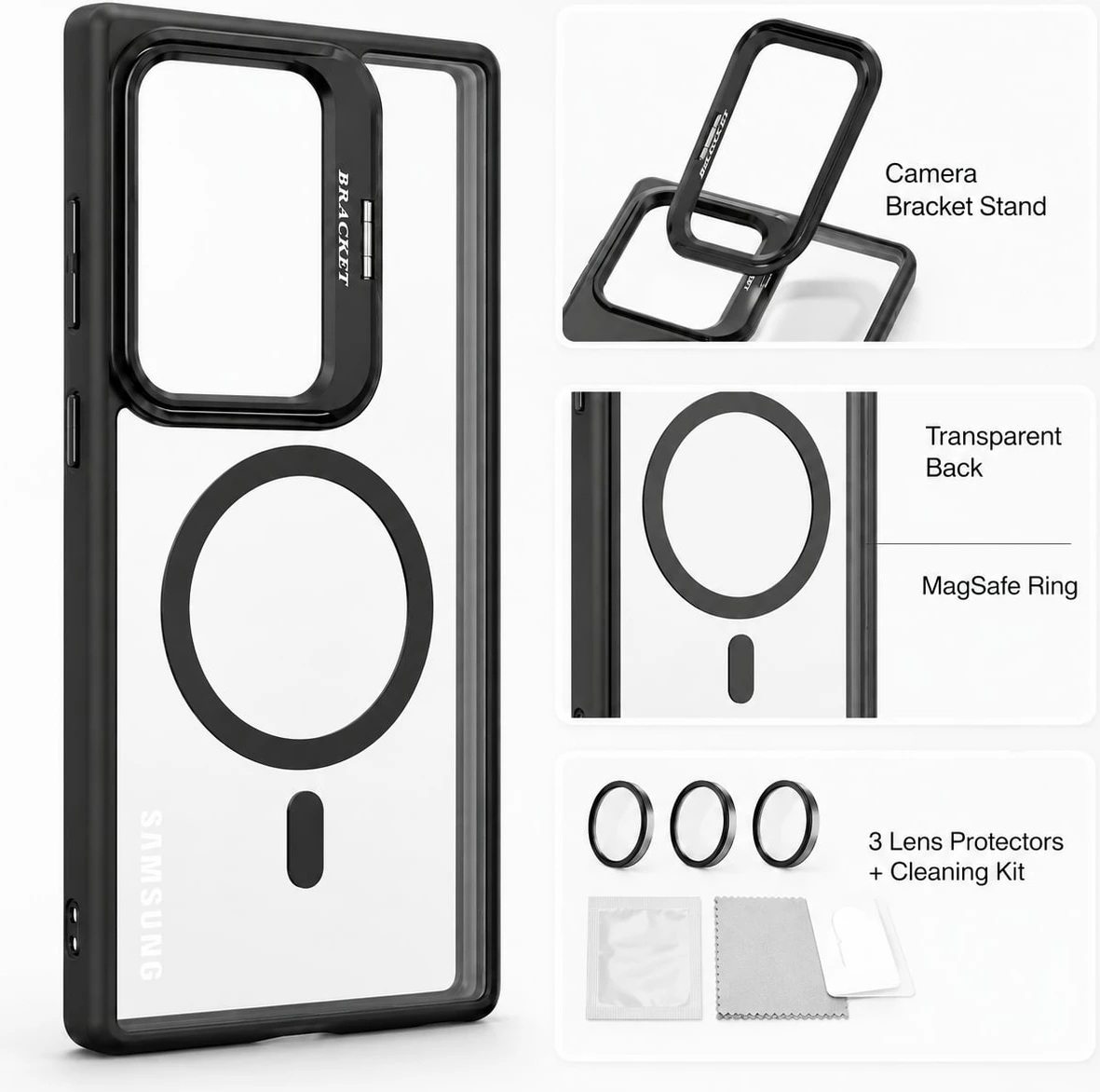 Mbrojtëse Magnetike për Samsung Galaxy S24 Ultra me mbrojtje kamerash dhe Bracket - Transparent/Black për mbështetje - e zezë