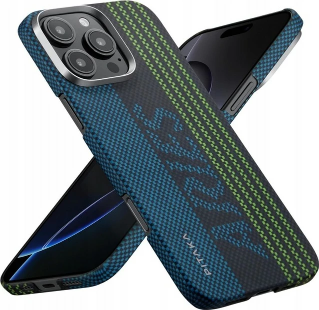 Mbështjellës PITAKA x Aries Tactile Woven Case (Credit Card) për iPhone 16 Pro Max, aramid (Kevlar), ndriçon në errësirë, zi/kaltër-jeshile 5