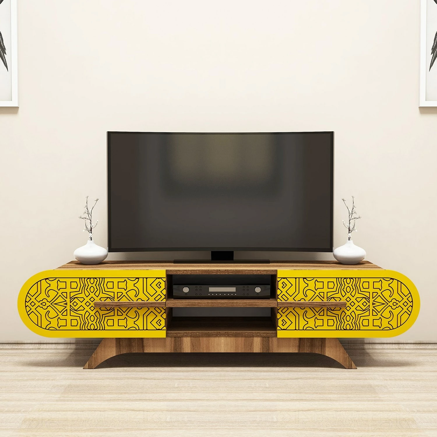 Komodë TV Hanah Home, Defne, ngjyrë arre dhe e verdhë