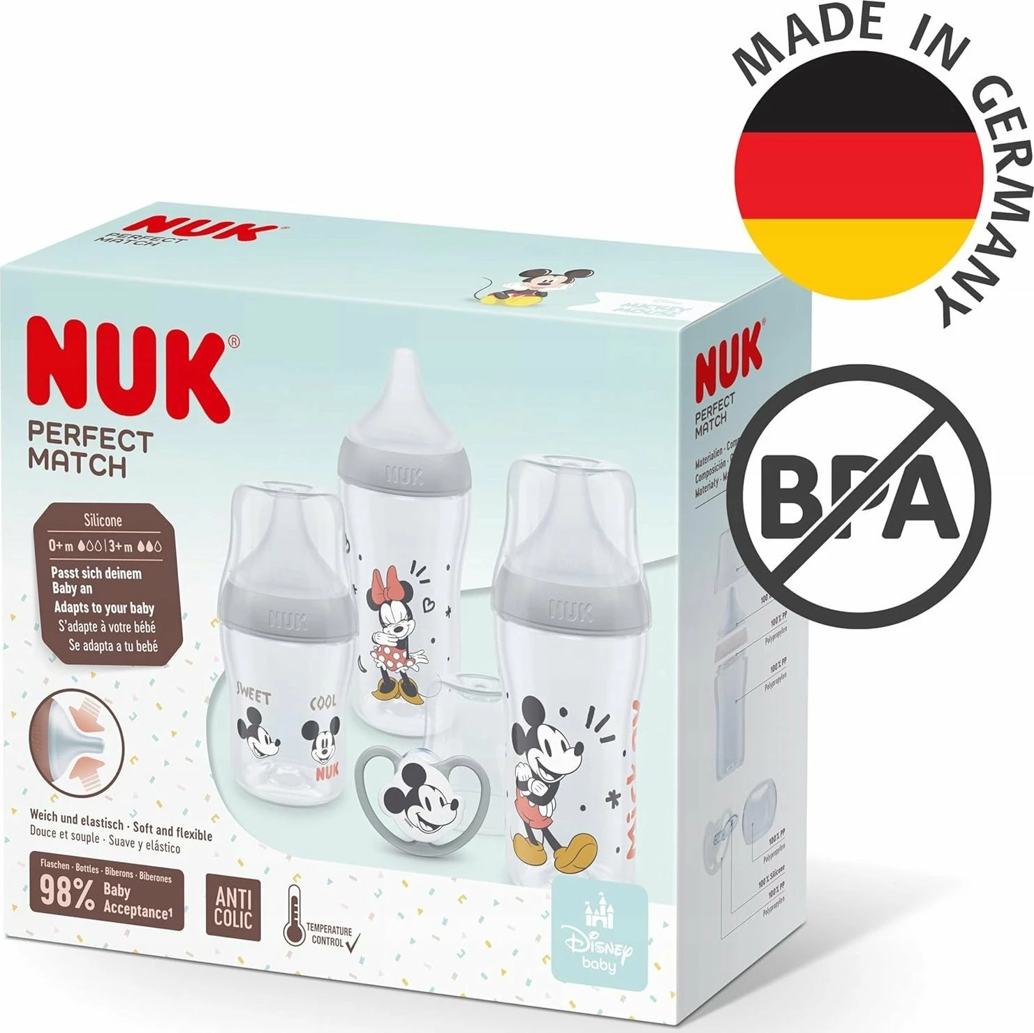 Set shishe për bebe NUK Perfect Match 10225330, 2x260 ml + 1x150 ml, biberon silikoni, 4 copë, shumëngjyrëshe (Mickey Mouse)