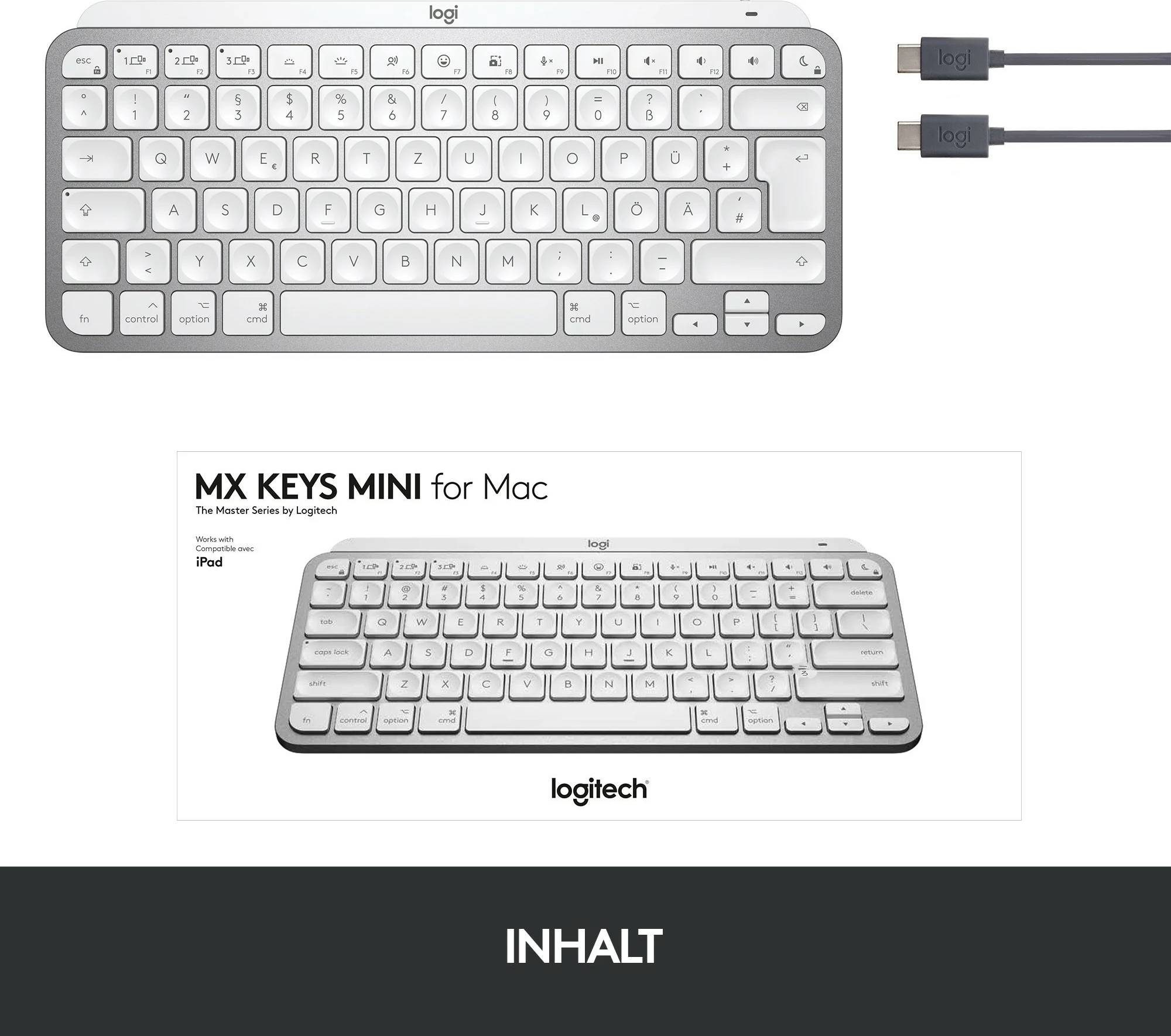 Tastierë Logitech MX Keys Mini për Mac, Mini, Wireless, Bluetooth, QWERTZ, LED, Gri