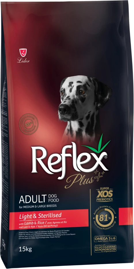 Reflex Plus Light Ushqim për Qentë e Sterilizuar me Mish Qengji dhe Oriz për Të Gjitha Racat 15kg