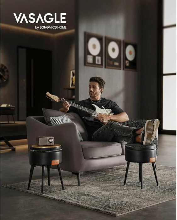 Stol depozitimi VASAGLE EKHO LOM005B01, 9.4 L, Ø38.2 x 44.4 cm, PU leather, 150 kg, Ink Black