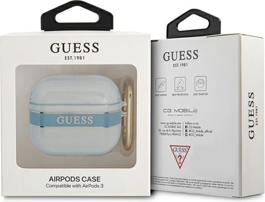 Mbështjellës Guess Strap për AirPods 3, me karabiner, Kaltër