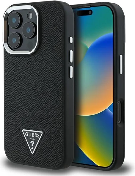 Mbështjellës Guess Grained Triangle MagSafe për iPhone 16 Pro, zi