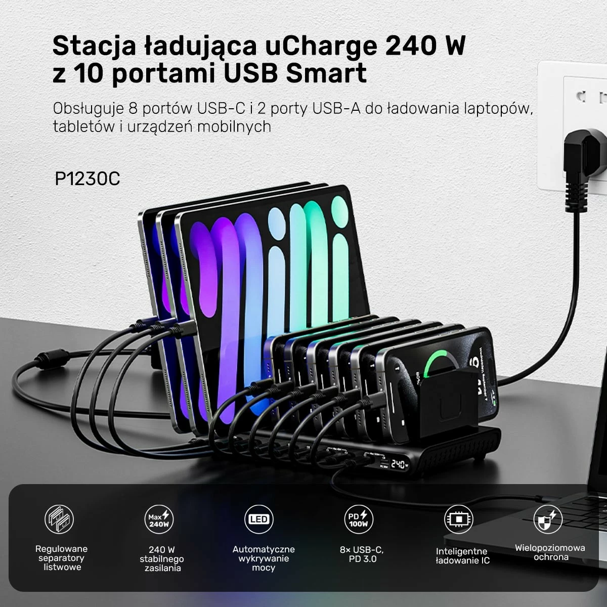 Stacion karikimi Unitek 10 porta, USB-C/USB-A, 240W, e zezë