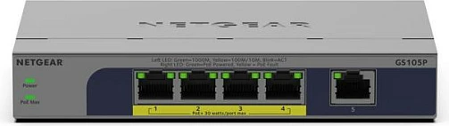 Switch NETGEAR GS105P, 5 porta Gigabit, 4 porta PoE+, montim desktop/mur, gri