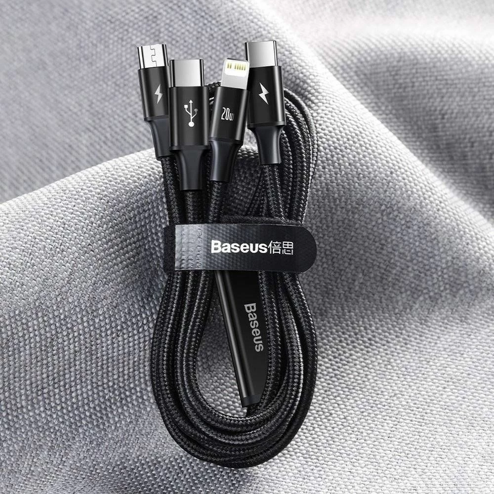 Kabllo USB Baseus Rapid 3in1 CAMLT-SC01, USB-C në USB-C + microUSB + Lightning, 1.5 m, 20W PD, e zezë, 1 copë