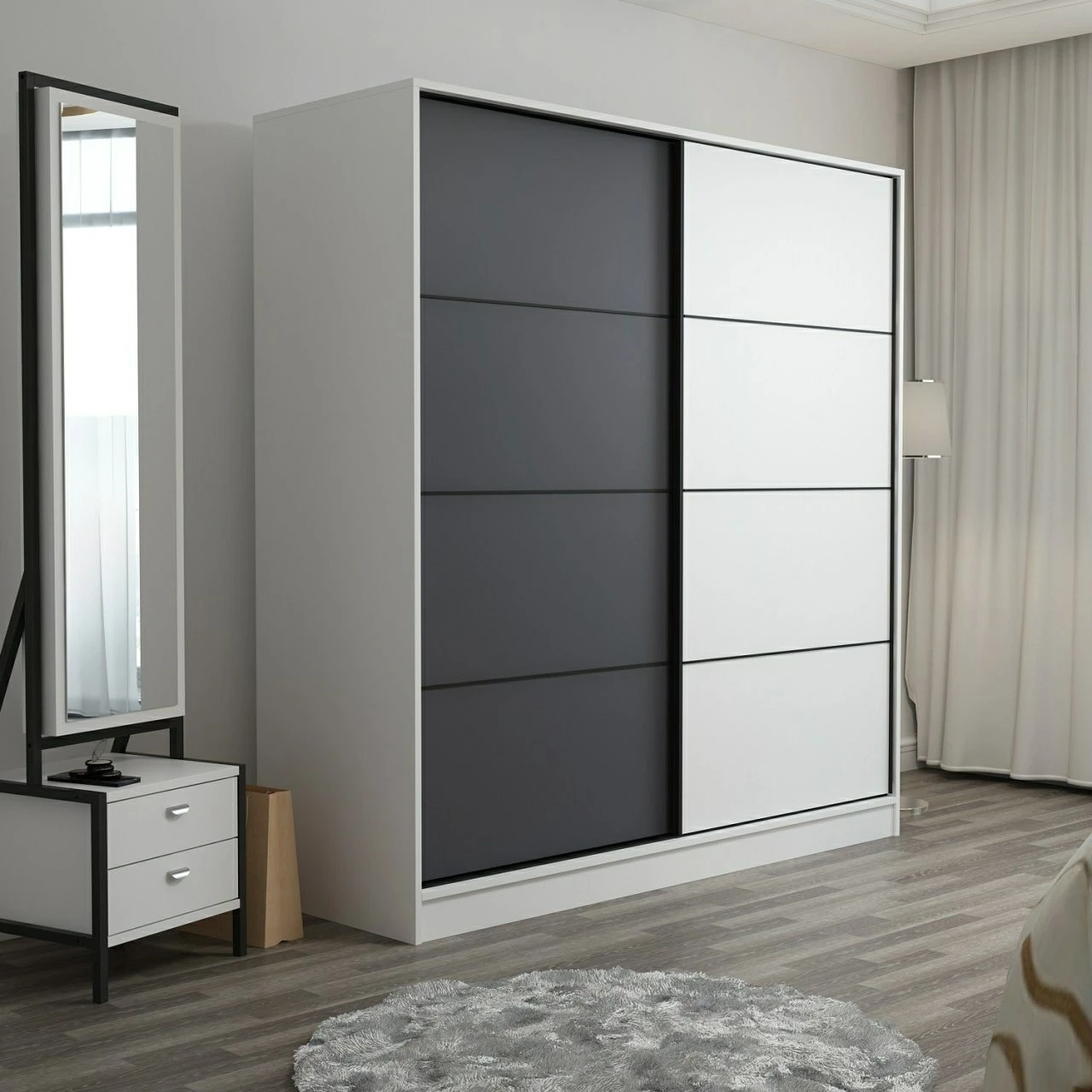 Dollap Skye Decor, i bardhë dhe antracit, 220x210x52cm, 6 pjesë