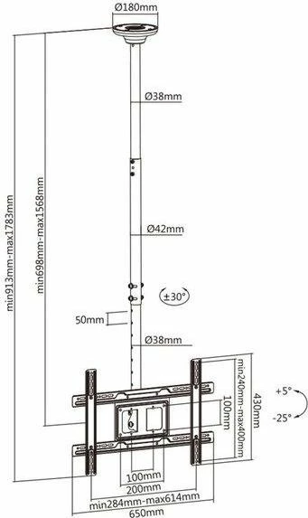 Mbajtëse tavani për TV Maclean MC-803 23"-100", 50 kg, VESA 600x400, e zezë, set me vida