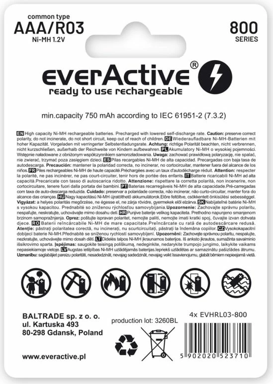 Bateri të rikarikueshme everActive EVHRL03-800, set 4 copë