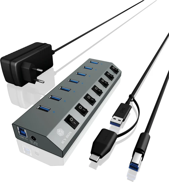 USB hub ICYBOX IB-HUB1701-C3 7-port USB-A me USB-C/USB-A, switch per port, BC 1.2, 65 W, antracit