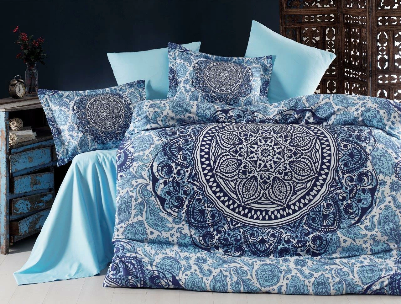 Set mbulesë për jorgan dopio satin Marcelo, ngjyrë kaltër e errët/bardhë/kaltër
