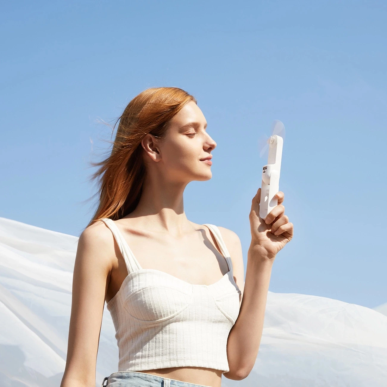 Ventilator dore Jisulife Life8 Plus 4500mAh me power bank dhe llampë LED, i bardhë