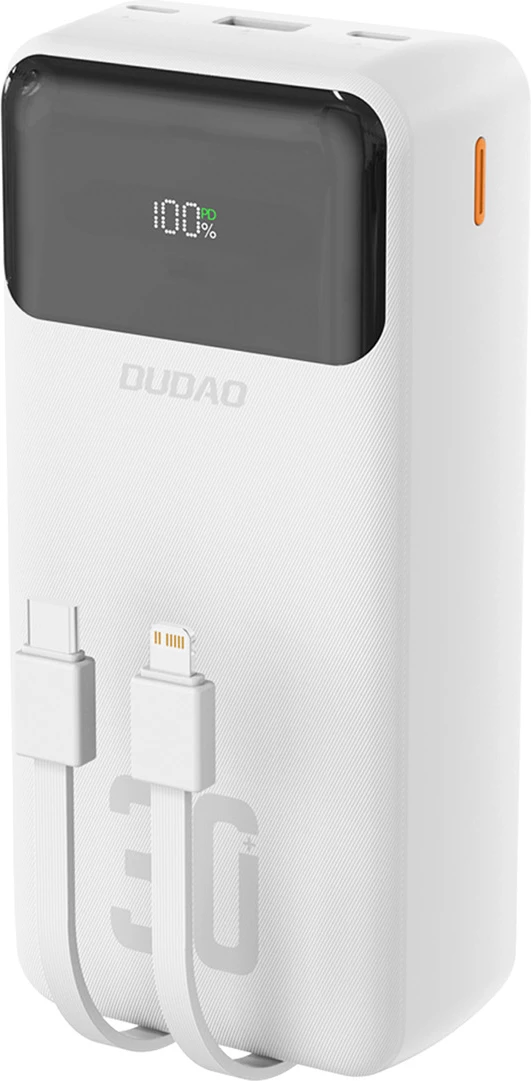 Powerbank Dudao K15Max 30000mAh PD 22.5W me kabllo të integrume USB-C dhe Lightning, bardhë
