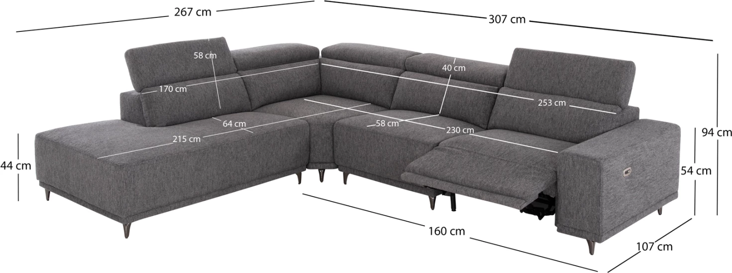 Këndore e majtë me 5 ulëse, me recline, ngjyrë gri, LUNARIS CD3316.01L, 307x267x94cm
