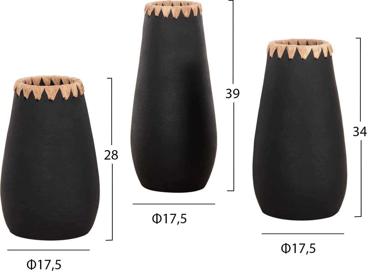 Set 3 copë vazo dekorative FH4372 terrakota, ngjyrë e zezë, me thurje kashte në buzë