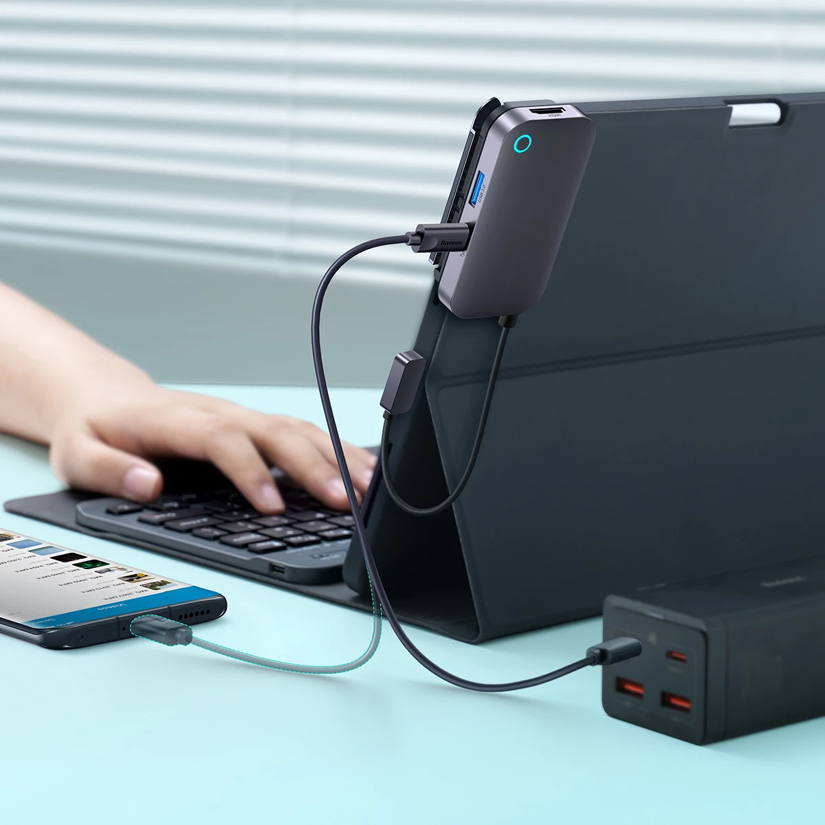 HUB Baseus PadJoy 6-në-1, USB-C, për tabletë/celular, Gri e errët