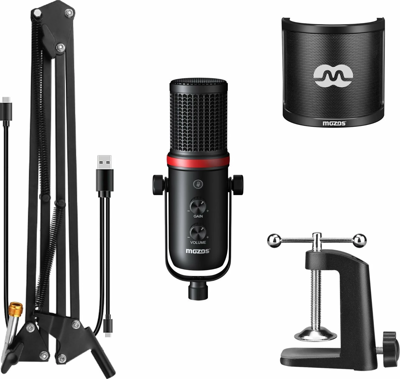 Mikrofon Mozos MKIT-GX USB kardioid me jack 3.5mm monitorimi, set me krah boom, i zi