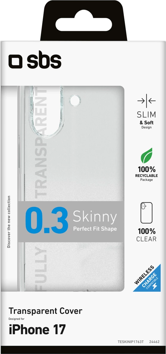 Mbështjellës SBS Skinny Cover për iPhone 17, TPU, ultra i hollë, transparent