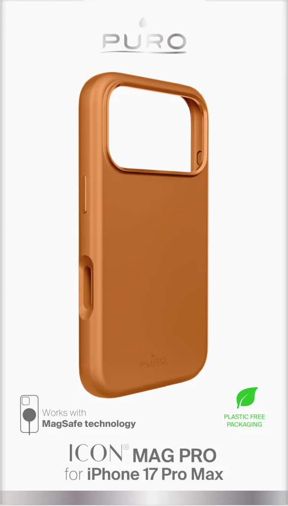 Mbështjellës silikon Puro Icon Mag Pro për iPhone 17 Pro Max, kompatibil me MagSafe, mbrojtje kamerë, butona alumini, portokalli
