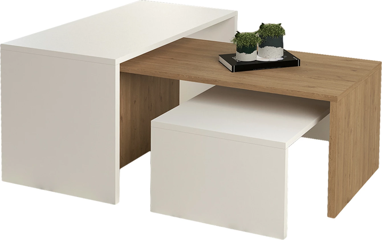 Tavolina kafeje 3 copë, BENTIL, melaminë, ngjyrë sonama-bardhë, 65x35x45Hcm