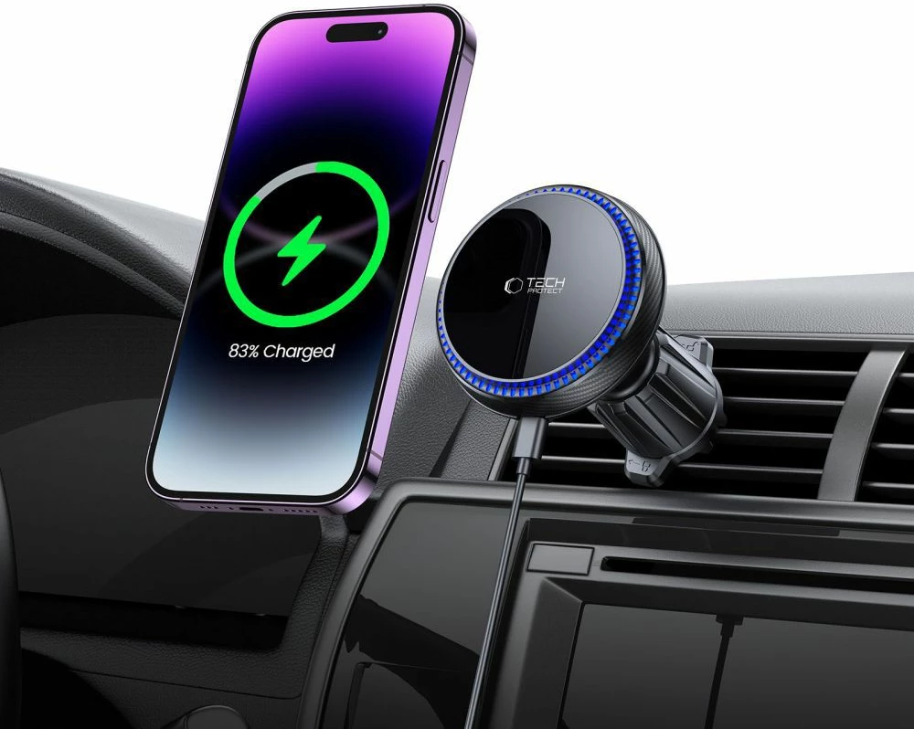 Mbajtës magnetik për celular me karikues wireless Tech-Protect MM15W-V4, për ventilim makine, 15W, i zi