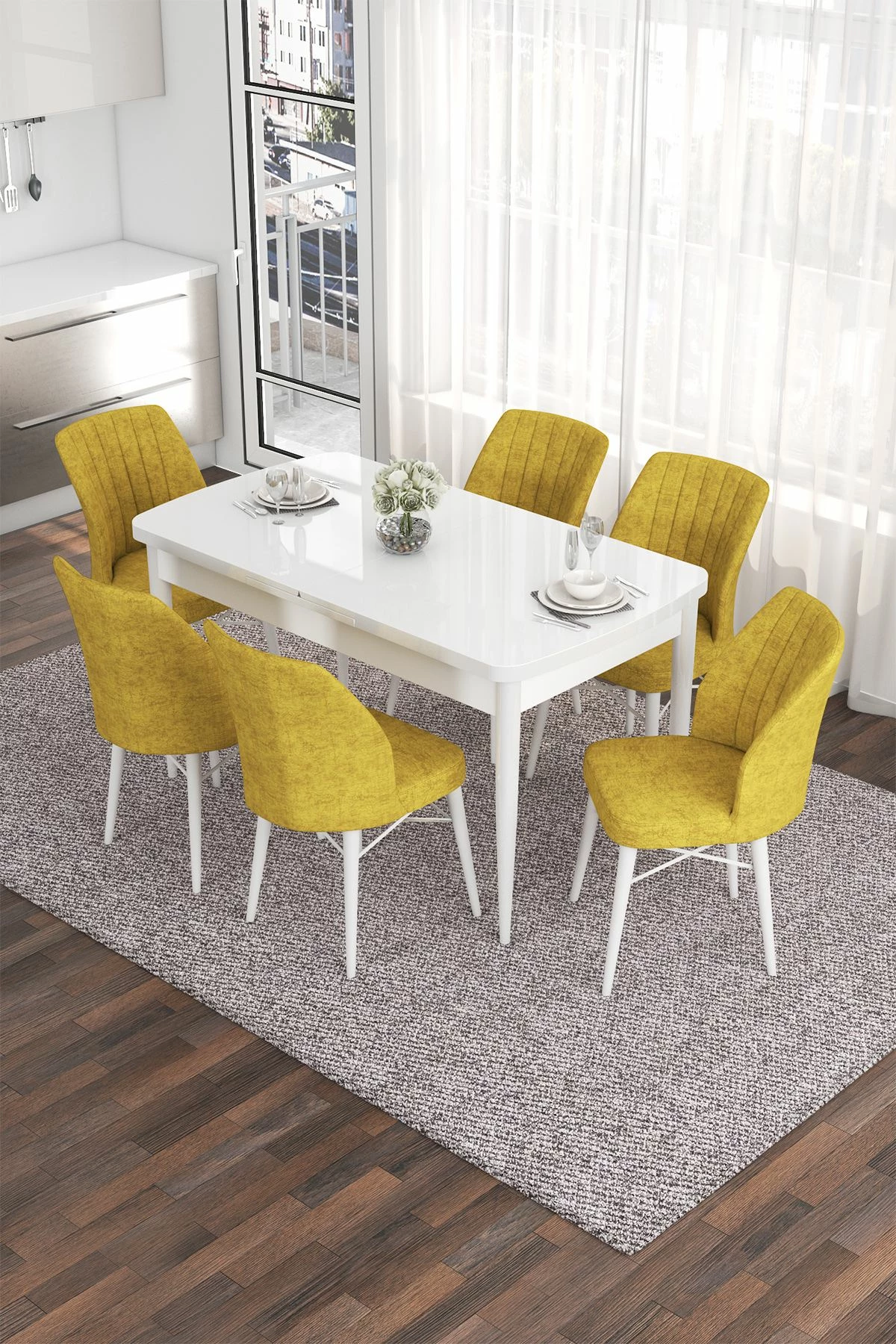 Tavolinë me karrige, zgjatshme, 7 copë, ngjyrë e bardhë dhe mustardë, Skye Decor Eva
